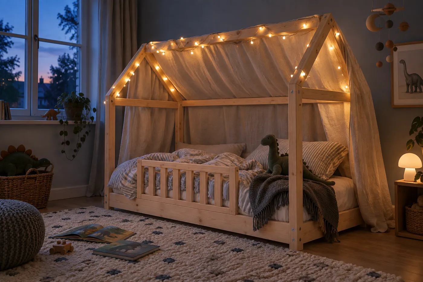 Dormitorio con cama casita Nido, dosel de lino y guirnalda de luces