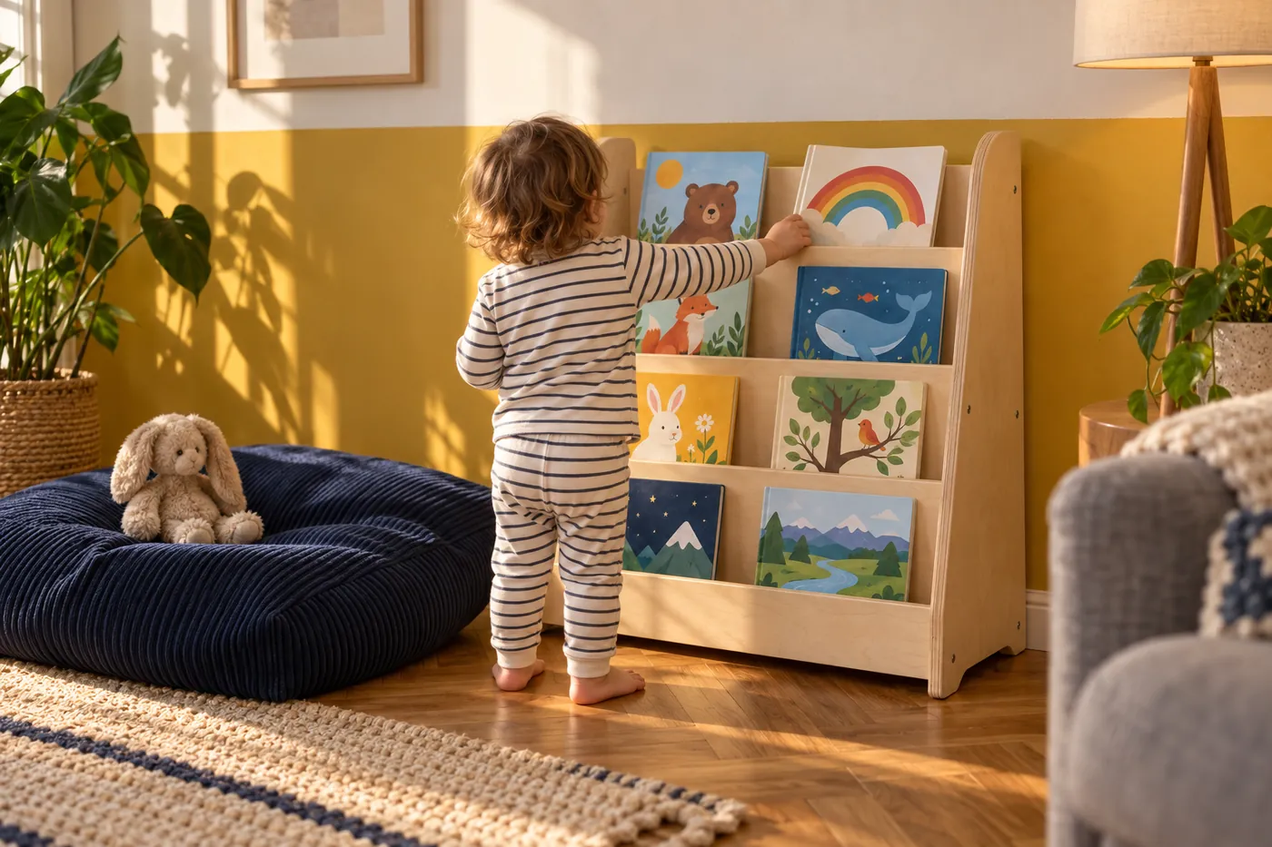 Rincón de lectura con librería Montessori Cuento