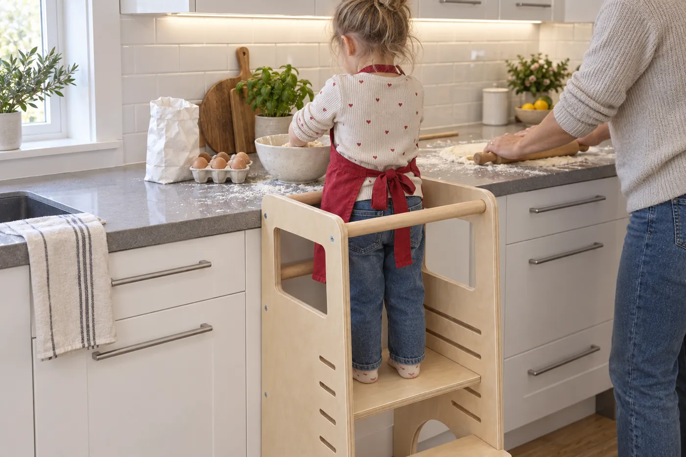 Cocina con torre de aprendizaje Cima junto a la encimera