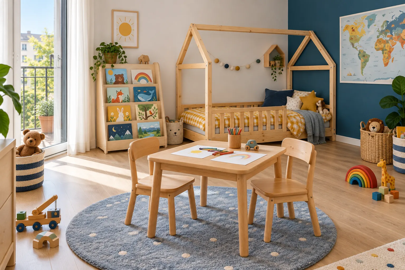 Habitación infantil con cama casita Montessori, librería y mesa de madera maciza